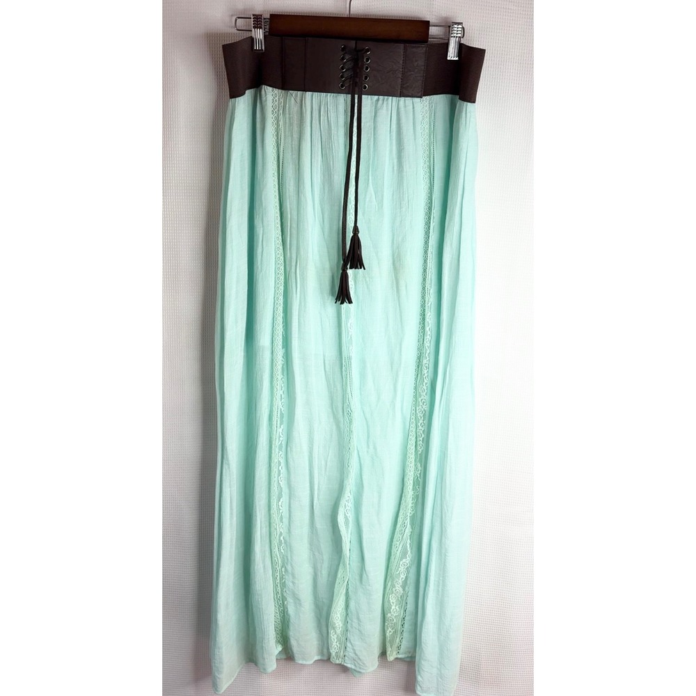 No Boundaries Mint Lace Inset Maxi Skirt XL Juniors 15/17 Boho Tassel Belted